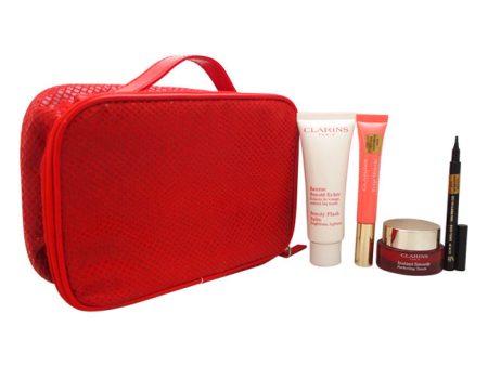 Clarins Claris Fall Kit by Clarins for Women - 5 Pc Kit 1.7oz Beauty Flash Balm, 0.5oz Instant Smooth Perfecting Touch, 0.35oz Instant Light Natural Lip Perfector, 3-Dot Liner - Black, Cosmetic Bag Fashion