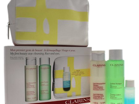 Clarins My First Beauty Step Cleansing Face and Eyes - Combination or oily Skin by Clarins for Women - 4 Pc Kit 7oz Anti-Pollution Cleansing Milk, 6.8oz Toning Lotion, 1oz Instant Eye Make-Up Remover, Travel Beauty Purse Discount