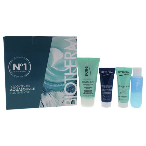 Biotherm Aquasource Discovery Kit by Biotherm for Women - 4 Pc Kit 0.8oz Aquasource Gel, 0.8oz Aquasource Night SPA, 1.7oz Biosource Mousse Nettoyante PNM, 1.01oz Biocils Waterproof Online now